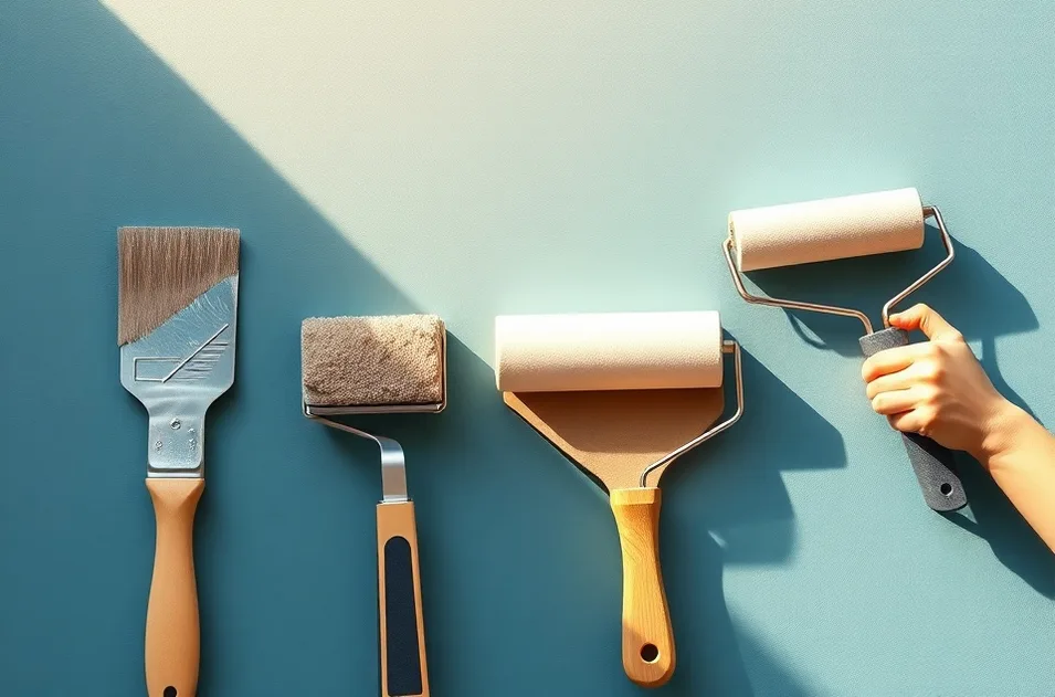 Outils de peinture disposés dans l'ordre des étapes du chantier
