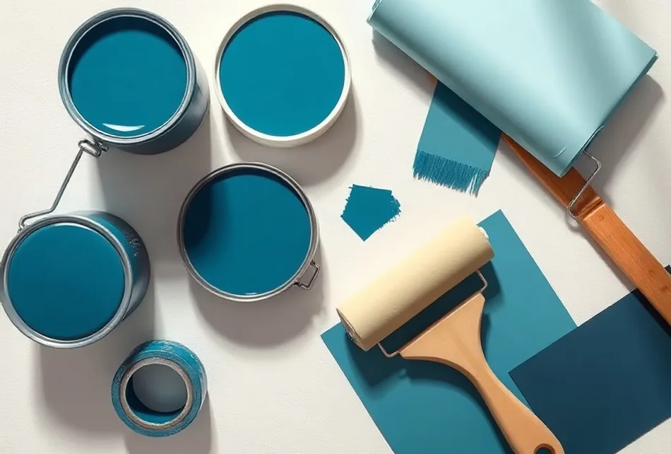 Pots de peinture, nuancier, brosses et rouleaux disposés à plat