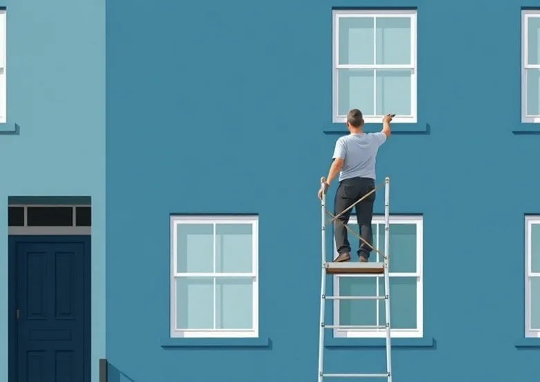 Peintre sur échafaudage traitant la façade d'une maison